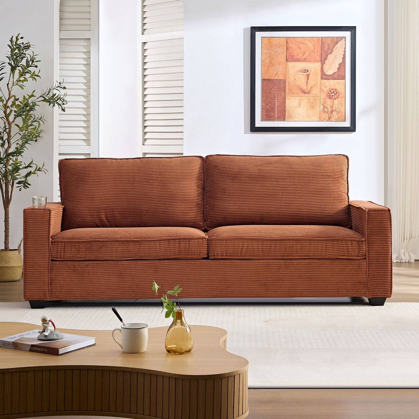 Corduroy 3-seater Sofa with Cup Holder and Storage