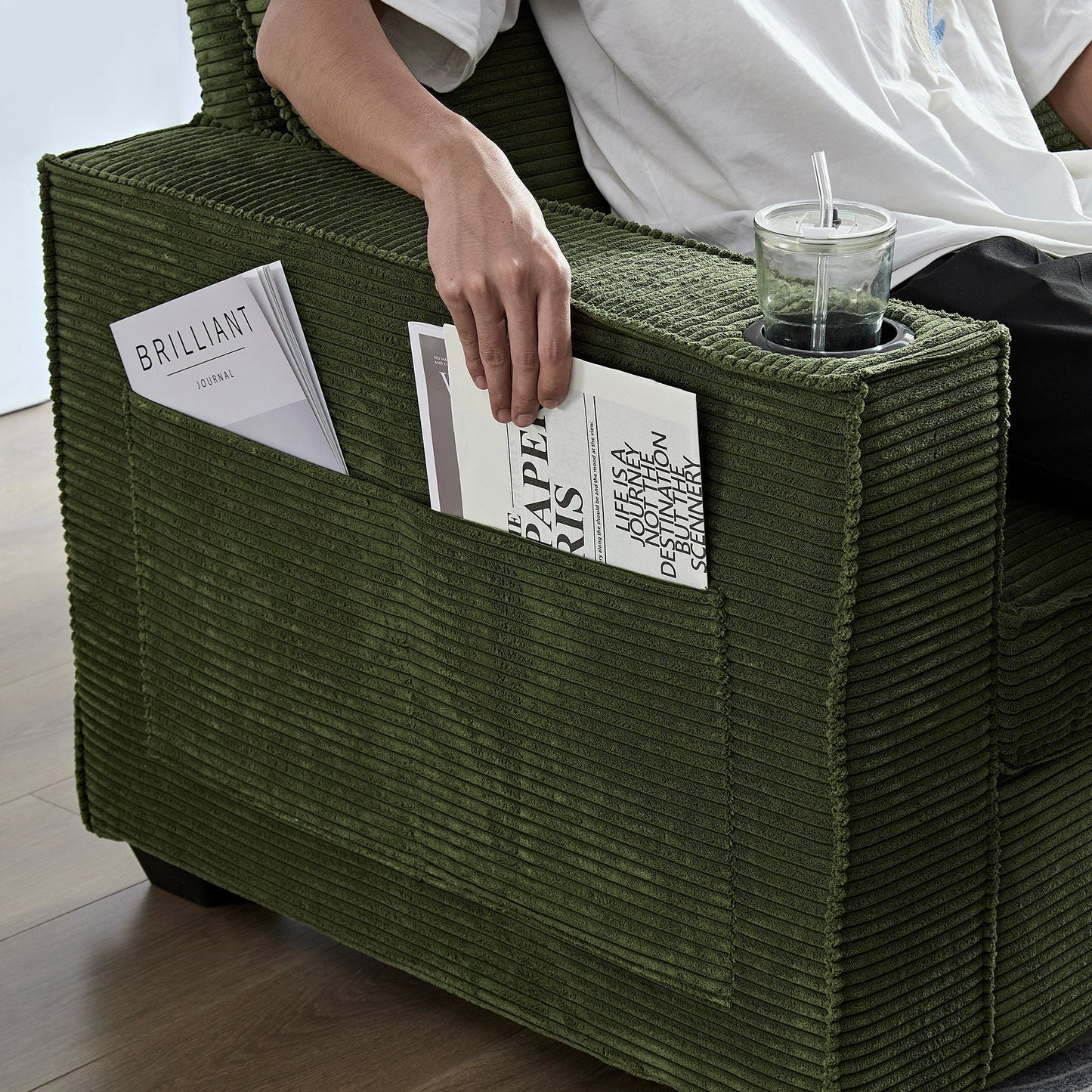 Corduroy 3-seater Sofa with Cup Holder and Storage