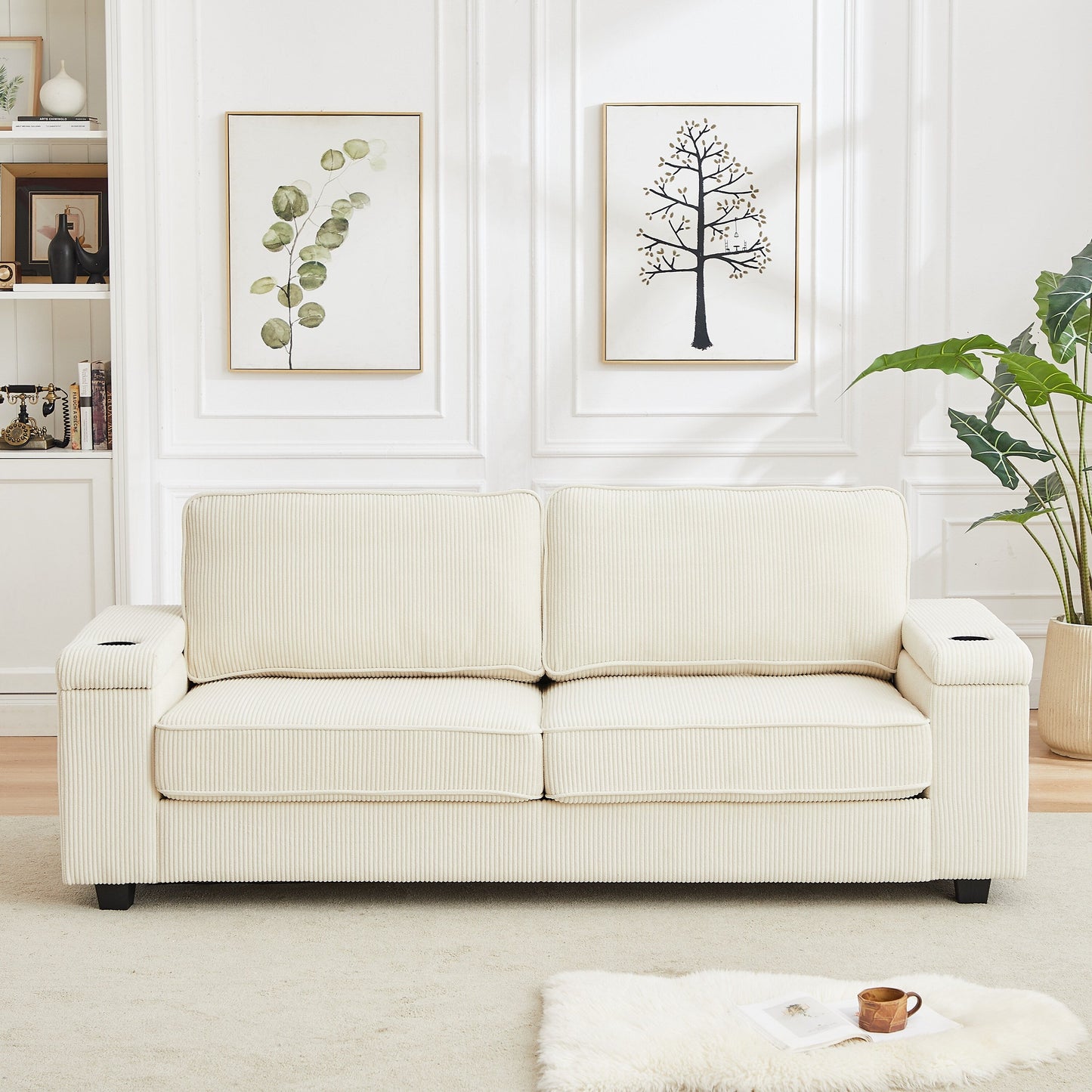 Corduroy 3-seater Sofa with USB Ports and Cup Holders