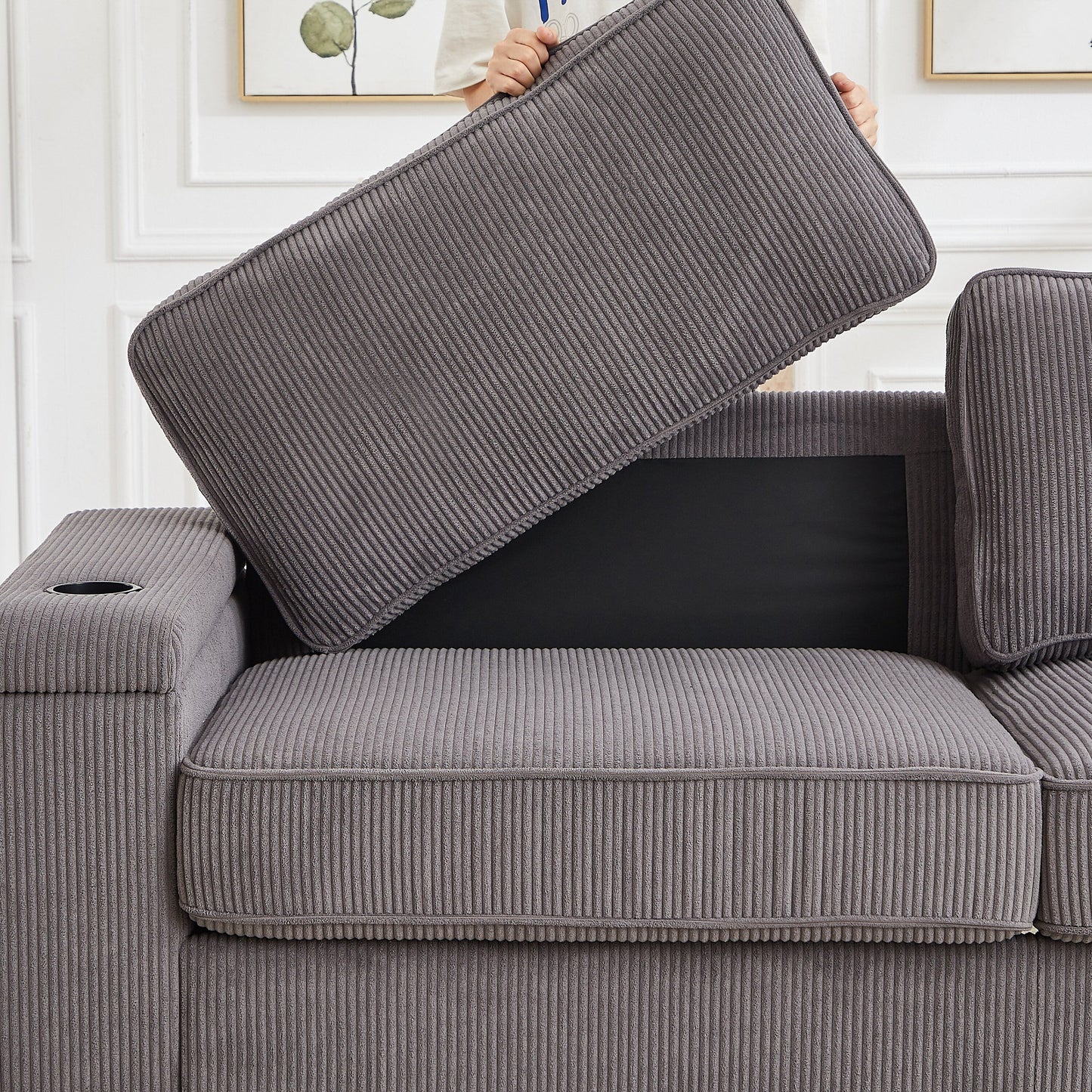 Corduroy 3-seater Sofa with USB Ports and Cup Holders