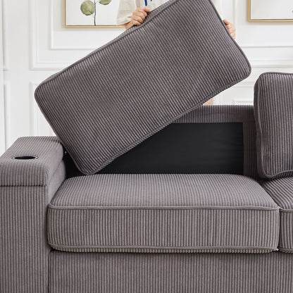 Corduroy 3-seater Sofa with USB Ports and Cup Holders