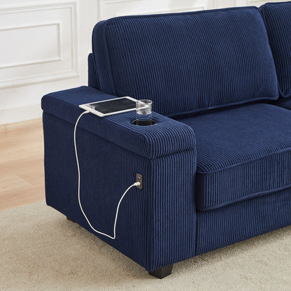 Corduroy 3-seater Sofa with USB Ports and Cup Holders
