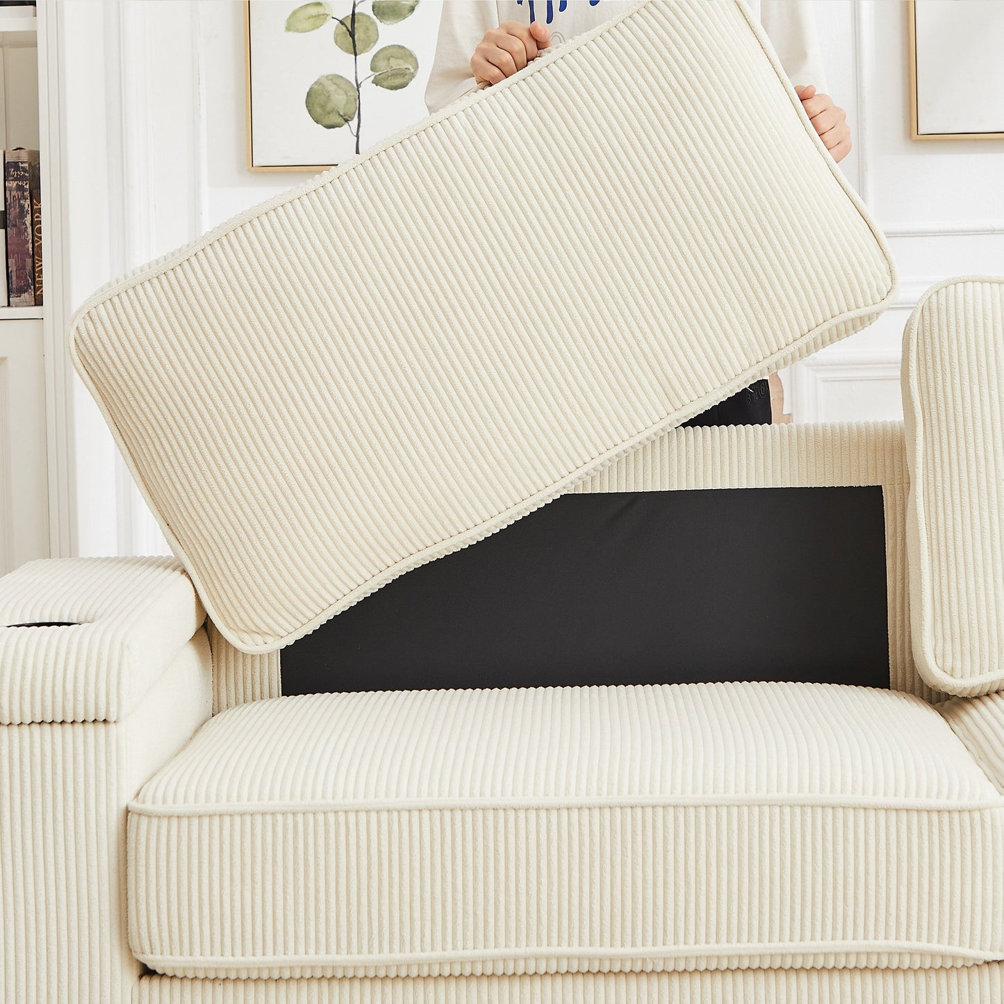 Corduroy 3-seater Sofa with USB Ports and Cup Holders