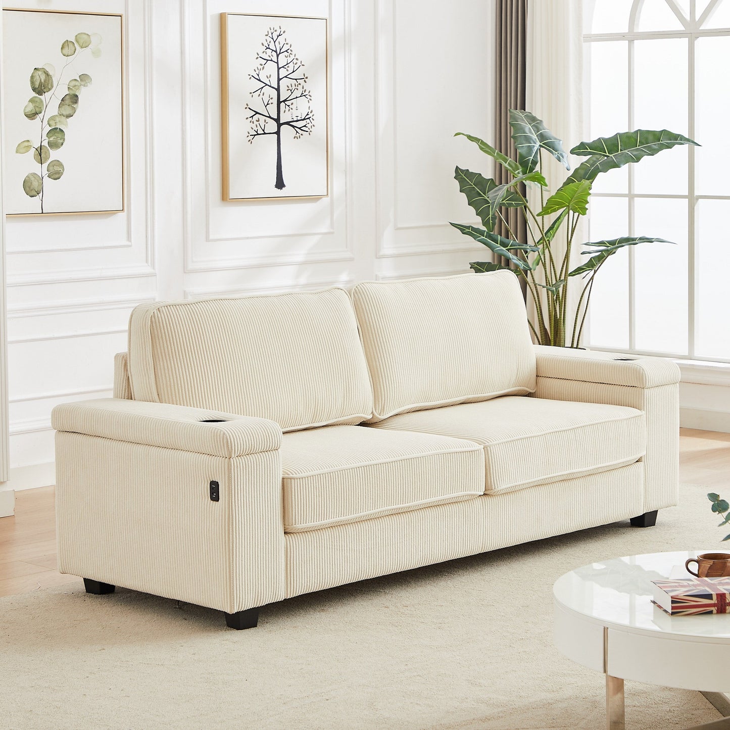 Corduroy 3-seater Sofa with USB Ports and Cup Holders