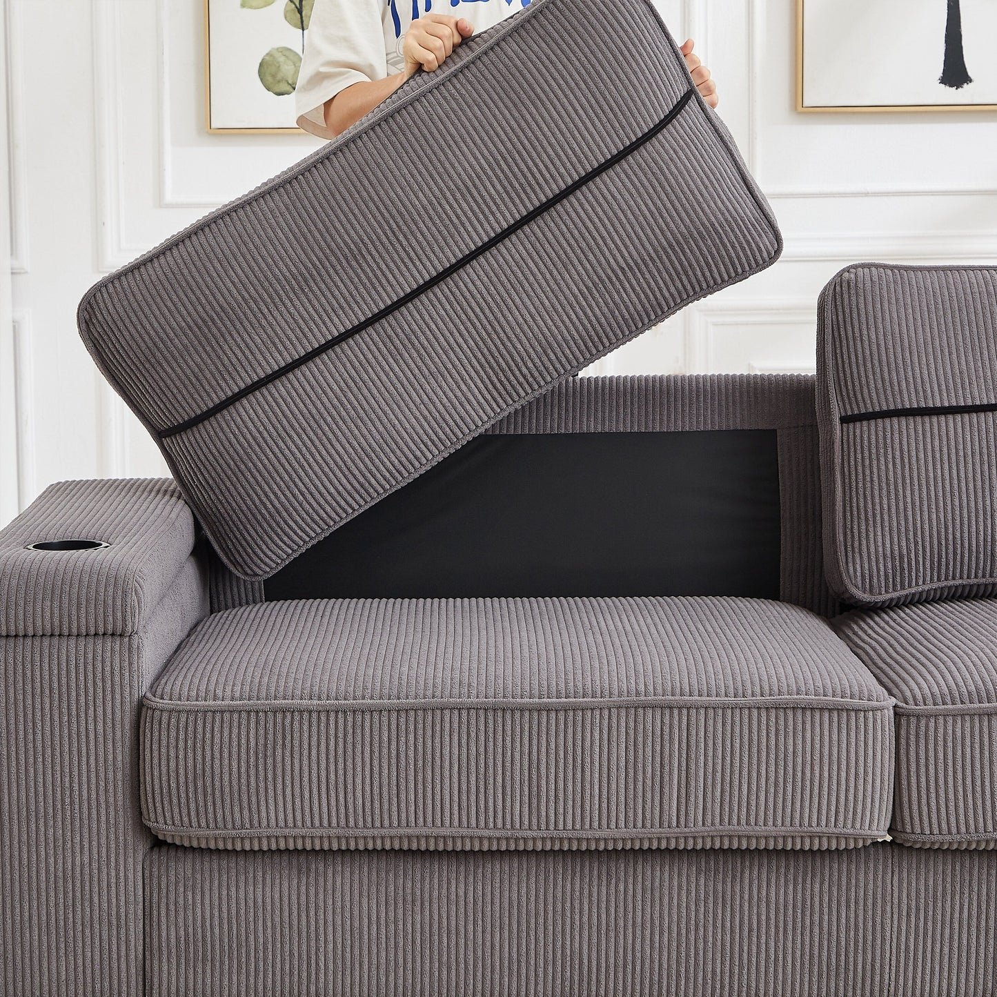 Corduroy 3-seater Sofa with USB Ports and Cup Holders