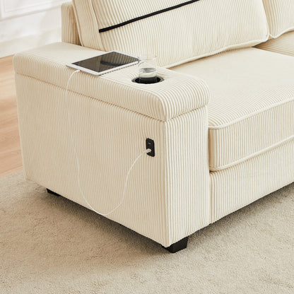 Corduroy 3-seater Sofa with USB Ports and Cup Holders