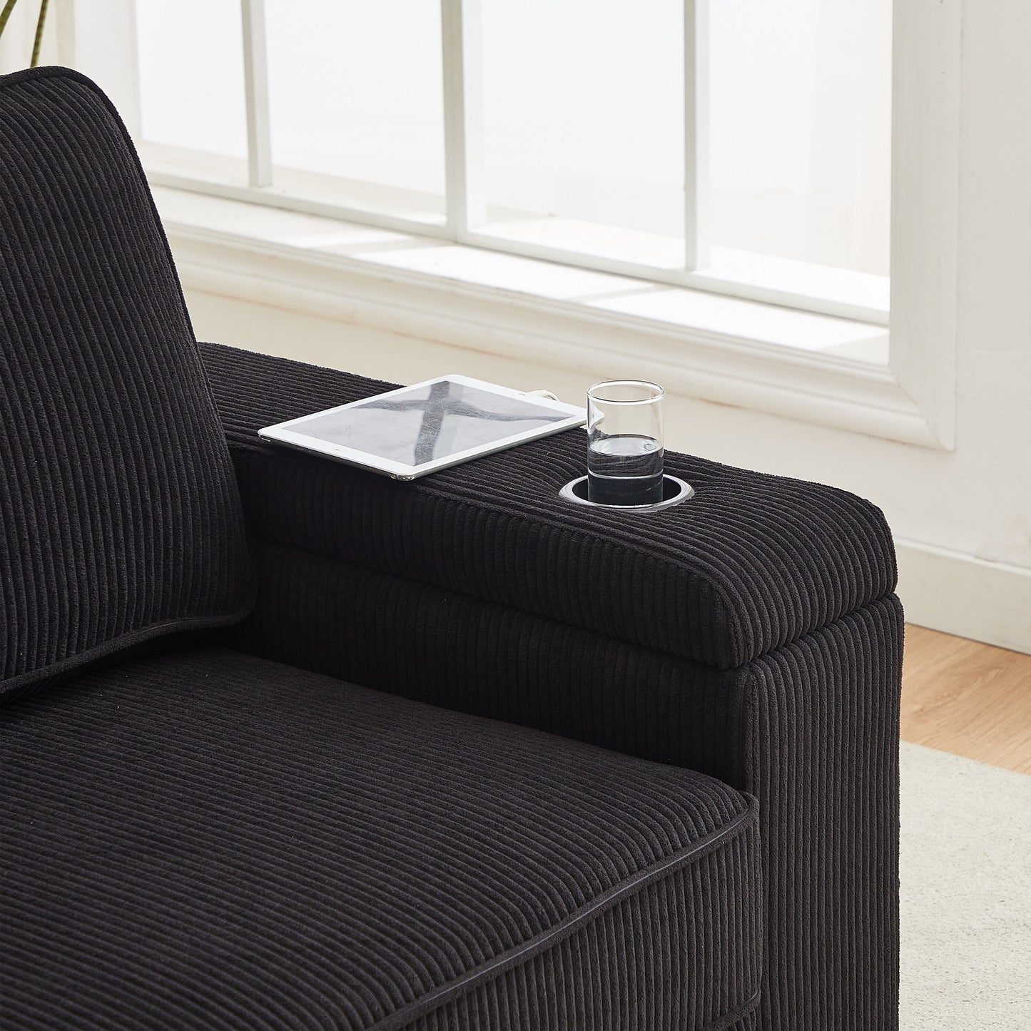 Corduroy 3-seater Sofa with USB Ports and Cup Holders