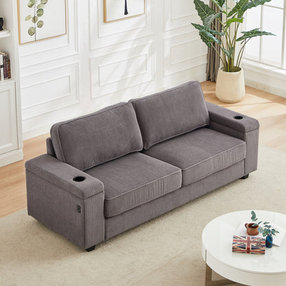 Corduroy 3-seater Sofa with USB Ports and Cup Holders