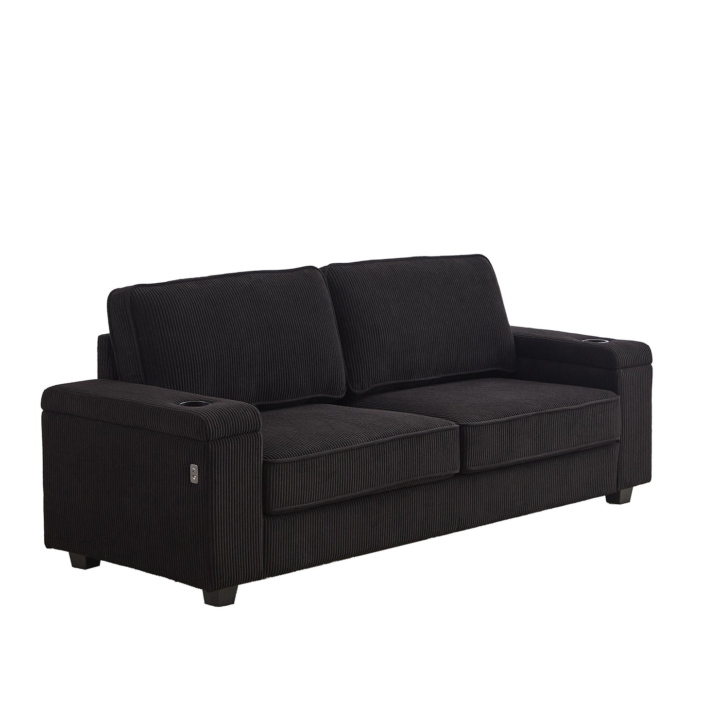 Corduroy 3-seater Sofa with USB Ports and Cup Holders