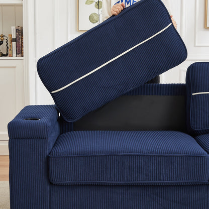 Corduroy 3-seater Sofa with USB Ports and Cup Holders