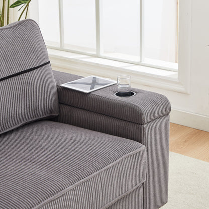 Corduroy 3-seater Sofa with USB Ports and Cup Holders