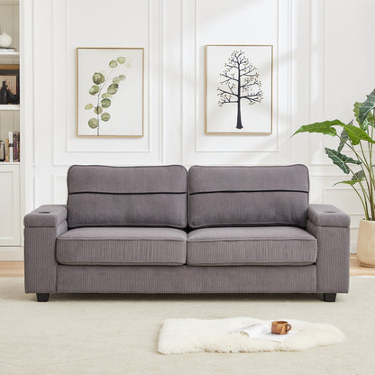 Corduroy 3-seater Sofa with USB Ports and Cup Holders