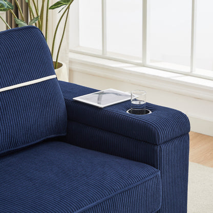 Corduroy 3-seater Sofa with USB Ports and Cup Holders