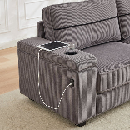 Corduroy 3-seater Sofa with USB Ports and Cup Holders