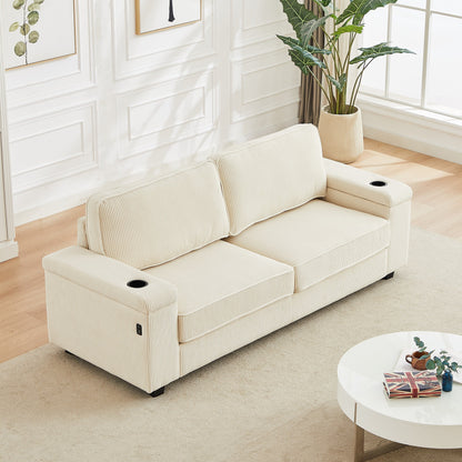 Corduroy 3-seater Sofa with USB Ports and Cup Holders
