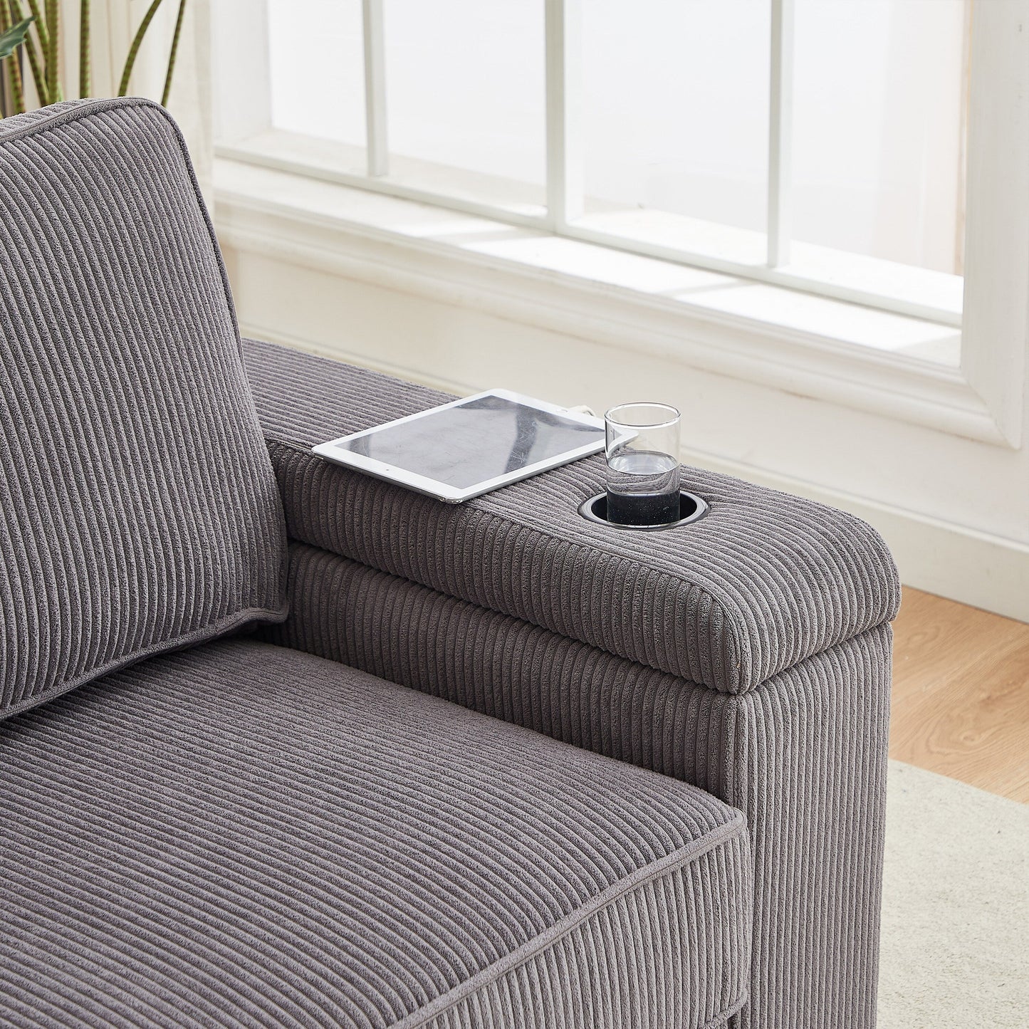 Corduroy 3-seater Sofa with USB Ports and Cup Holders