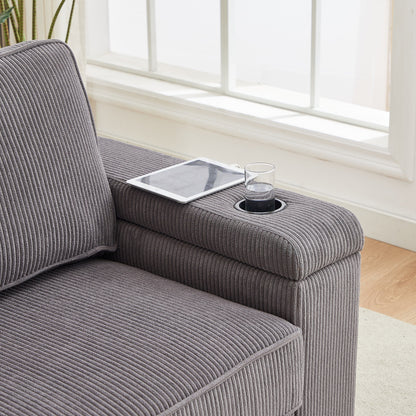 Corduroy 3-seater Sofa with USB Ports and Cup Holders
