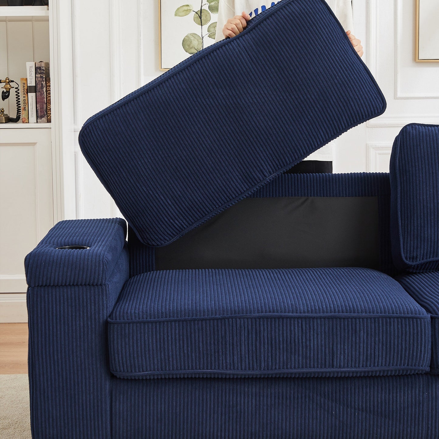 Corduroy 3-seater Sofa with USB Ports and Cup Holders