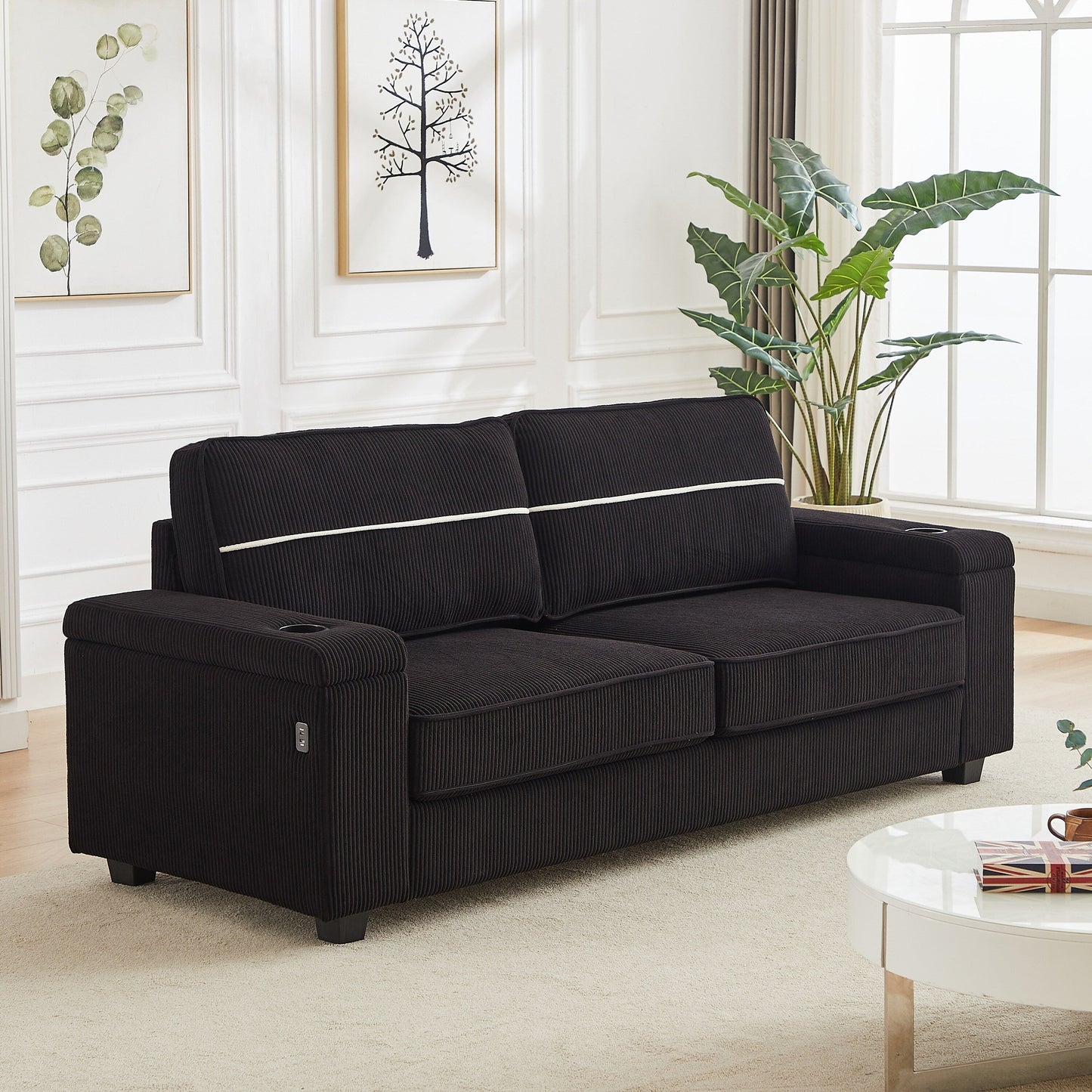Corduroy 3-seater Sofa with USB Ports and Cup Holders