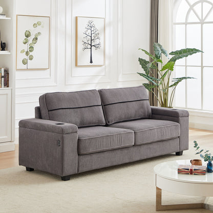 Corduroy 3-seater Sofa with USB Ports and Cup Holders