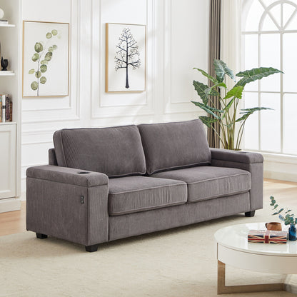 Corduroy 3-seater Sofa with USB Ports and Cup Holders