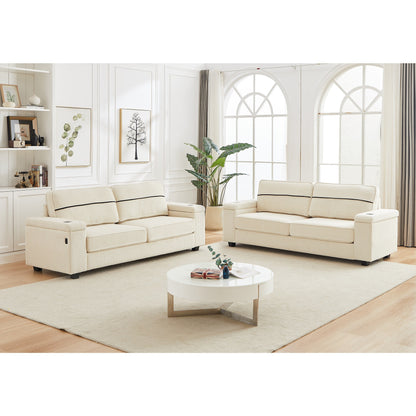 Corduroy 3-seater Sofa with USB Ports and Cup Holders