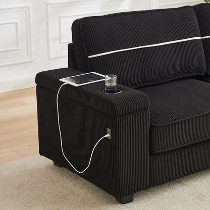Corduroy 3-seater Sofa with USB Ports and Cup Holders