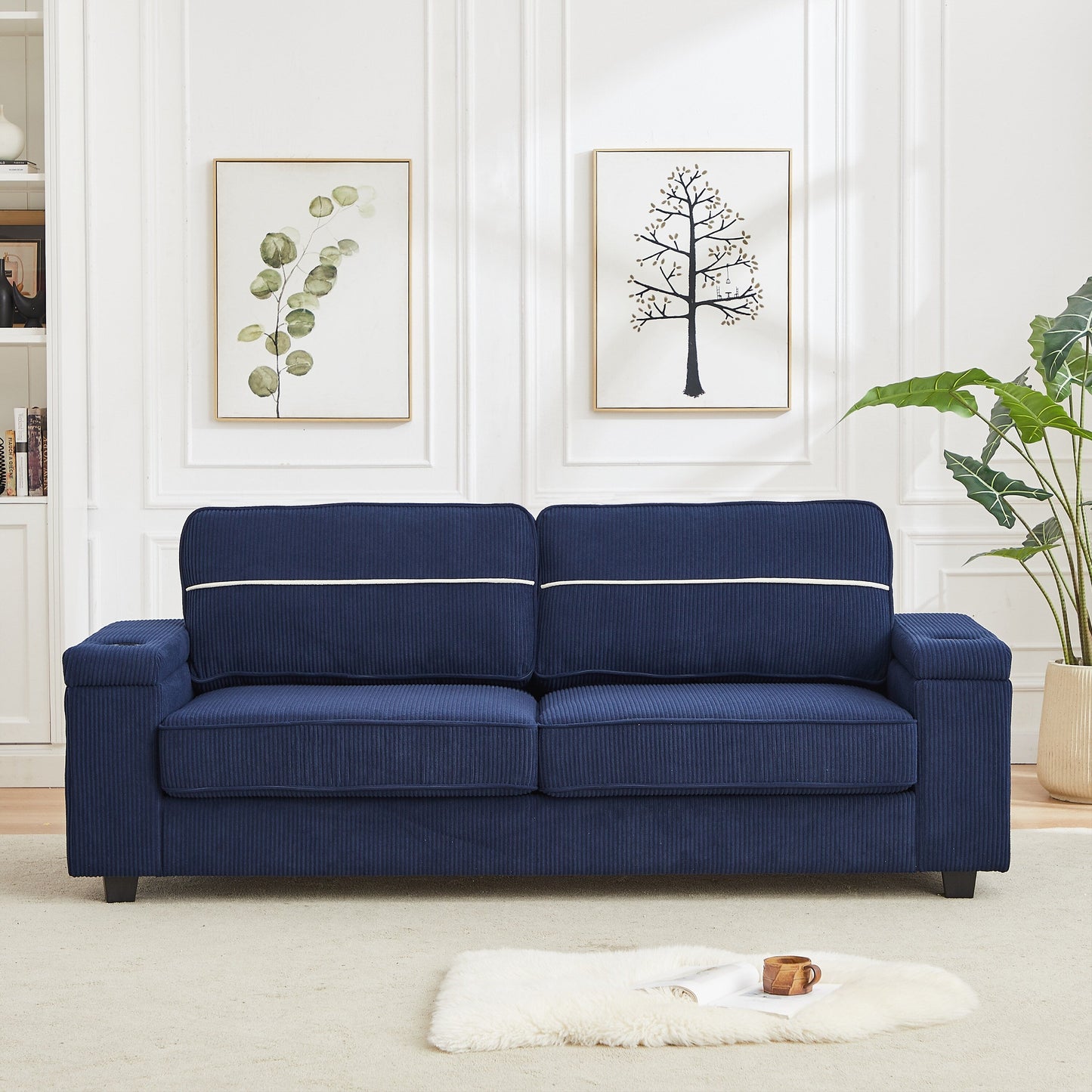Corduroy 3-seater Sofa with USB Ports and Cup Holders