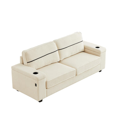 Corduroy 3-seater Sofa with USB Ports and Cup Holders