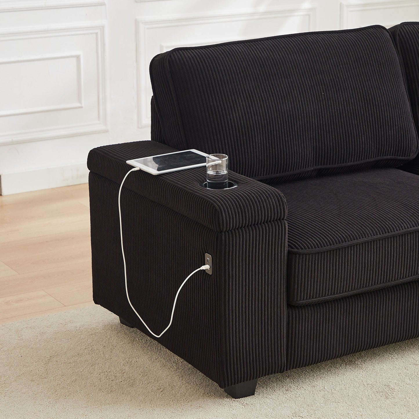 Corduroy 3-seater Sofa with USB Ports and Cup Holders