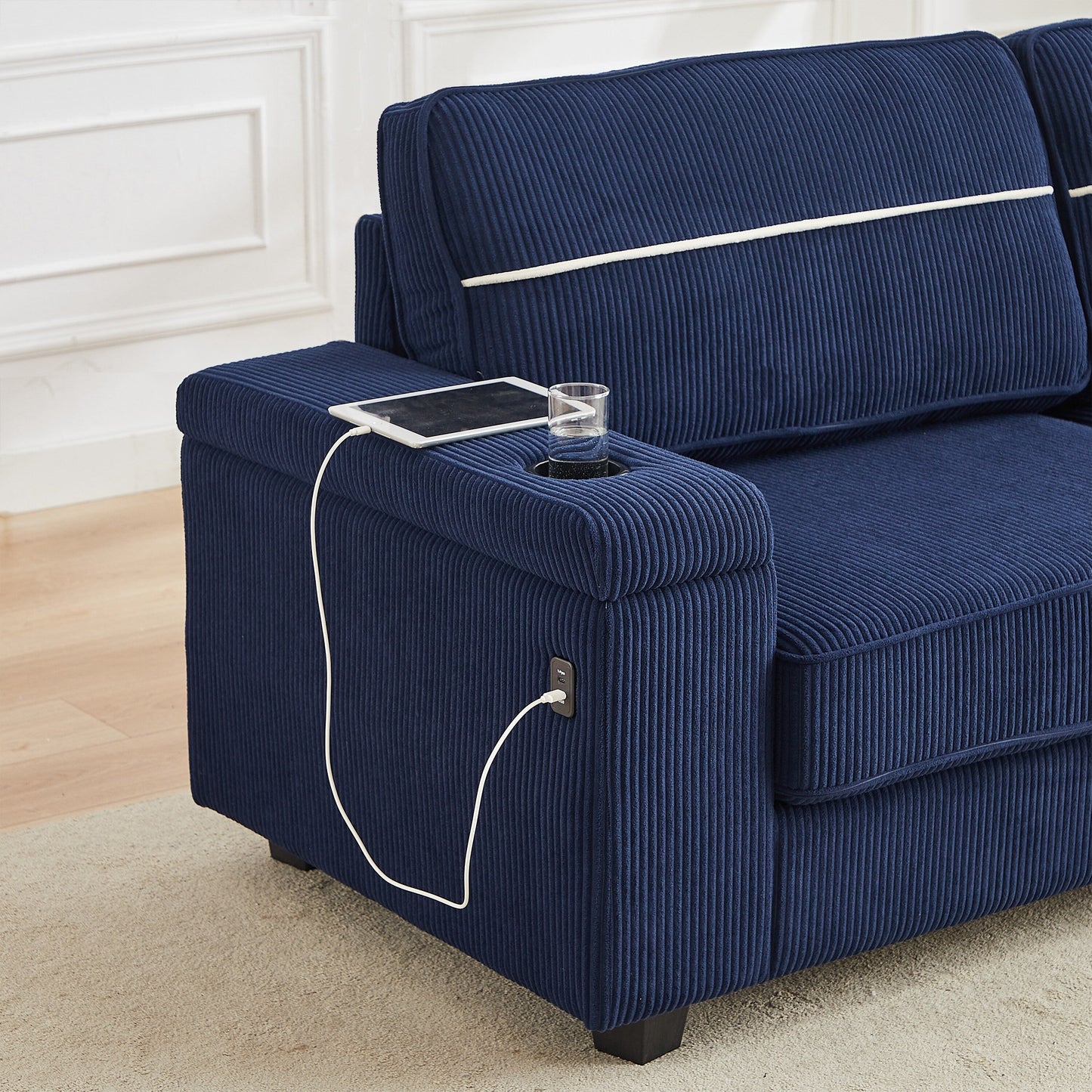 Corduroy 3-seater Sofa with USB Ports and Cup Holders