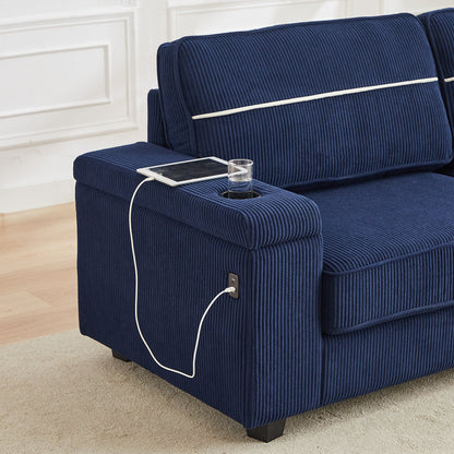 Corduroy 3-seater Sofa with USB Ports and Cup Holders