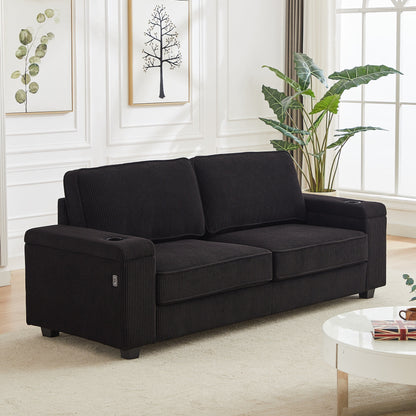 Corduroy 3-seater Sofa with USB Ports and Cup Holders