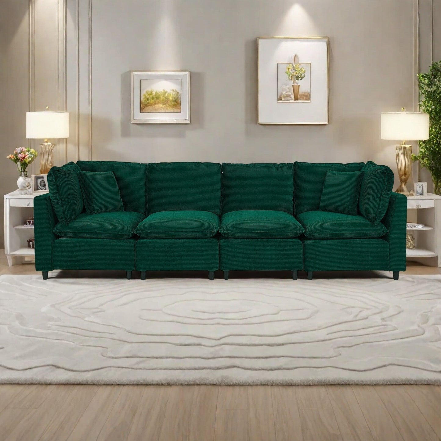 Corduroy 4-Seater Sofa with 4 Small Pillows,Breathable Fabric, Thick Sponge Cushions
