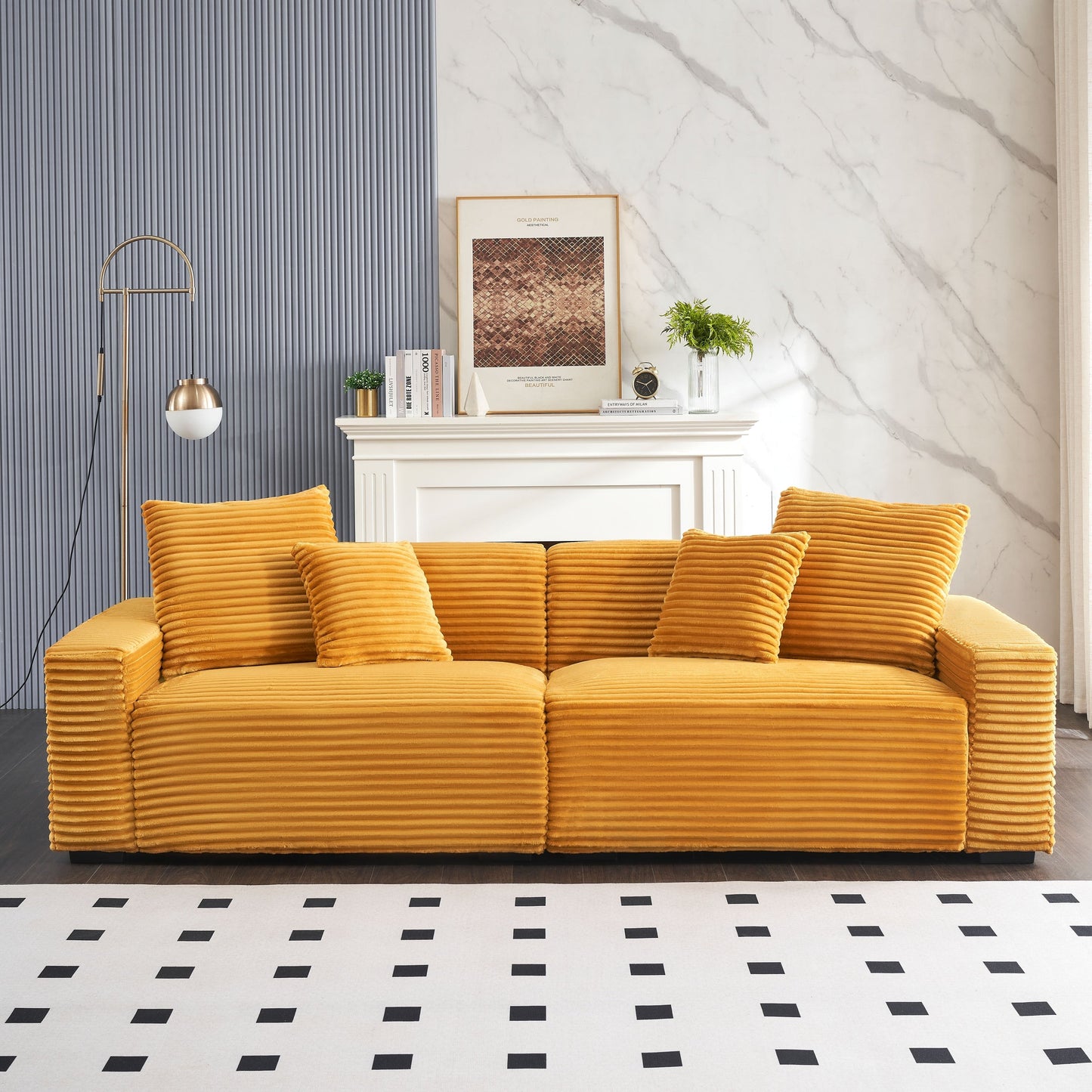 Corduroy 4-seat Sofa with Throw Pillows