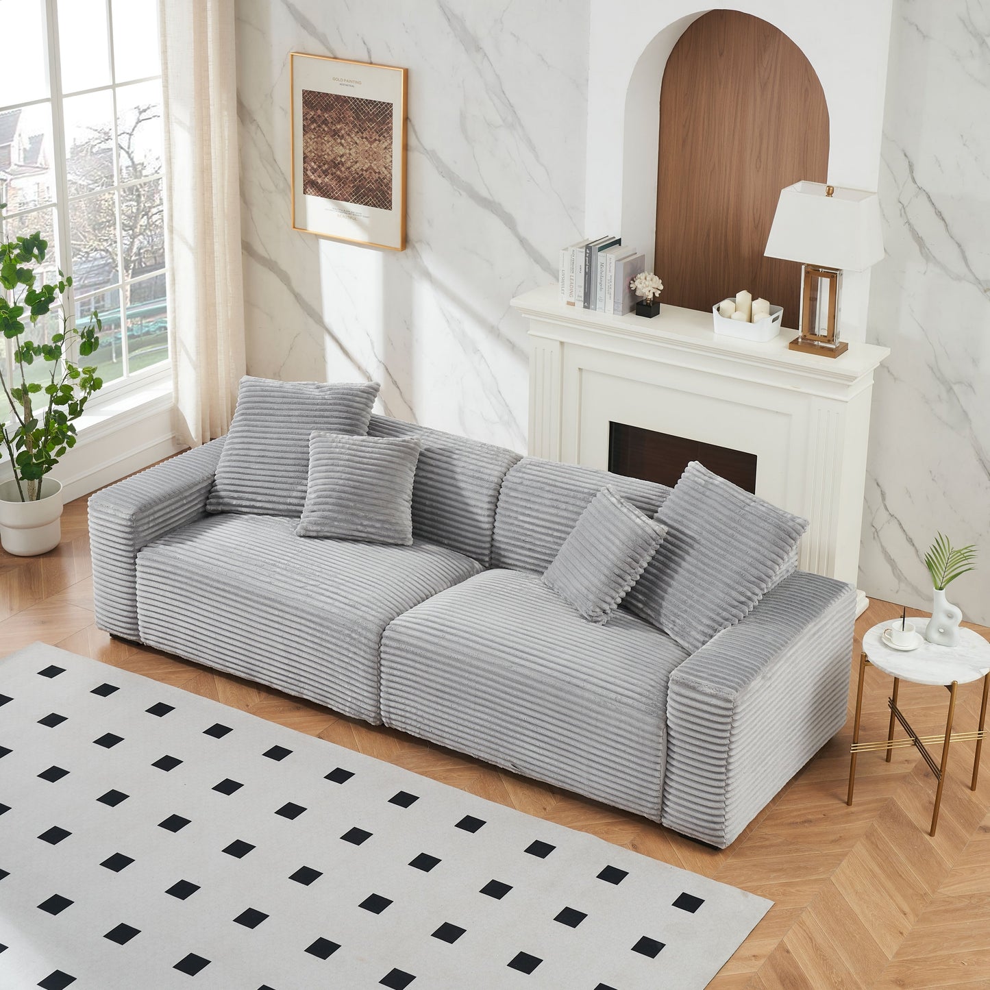 Corduroy 4-seat Sofa with Throw Pillows
