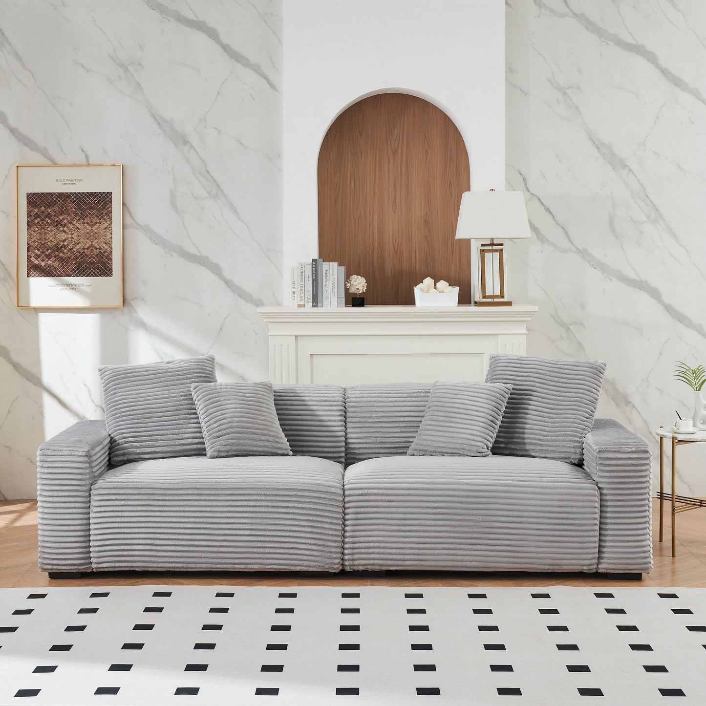 Corduroy 4-seat Sofa with Throw Pillows