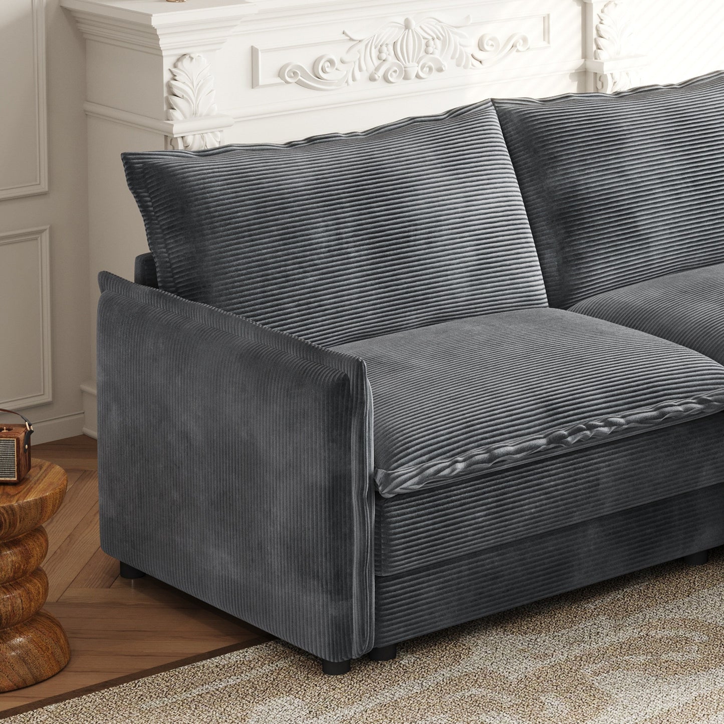 Corduroy Fabric 3-Seater Cloud Couch with 2 Movable Footrest,U Shaped Couch Set,Upholstered Deep Seat 2-Seat with 3 cushions