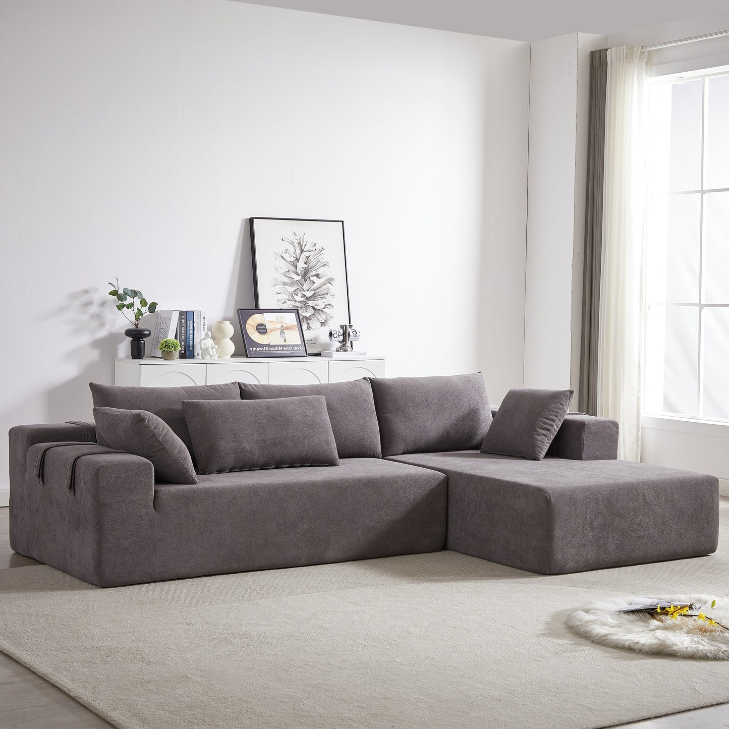 Corduroy Fabric 3-Seater Cloud Couch with 2 Movable Footrest,U Shaped Couch Set,Upholstered Deep Seat 2-Seat with 3 cushions