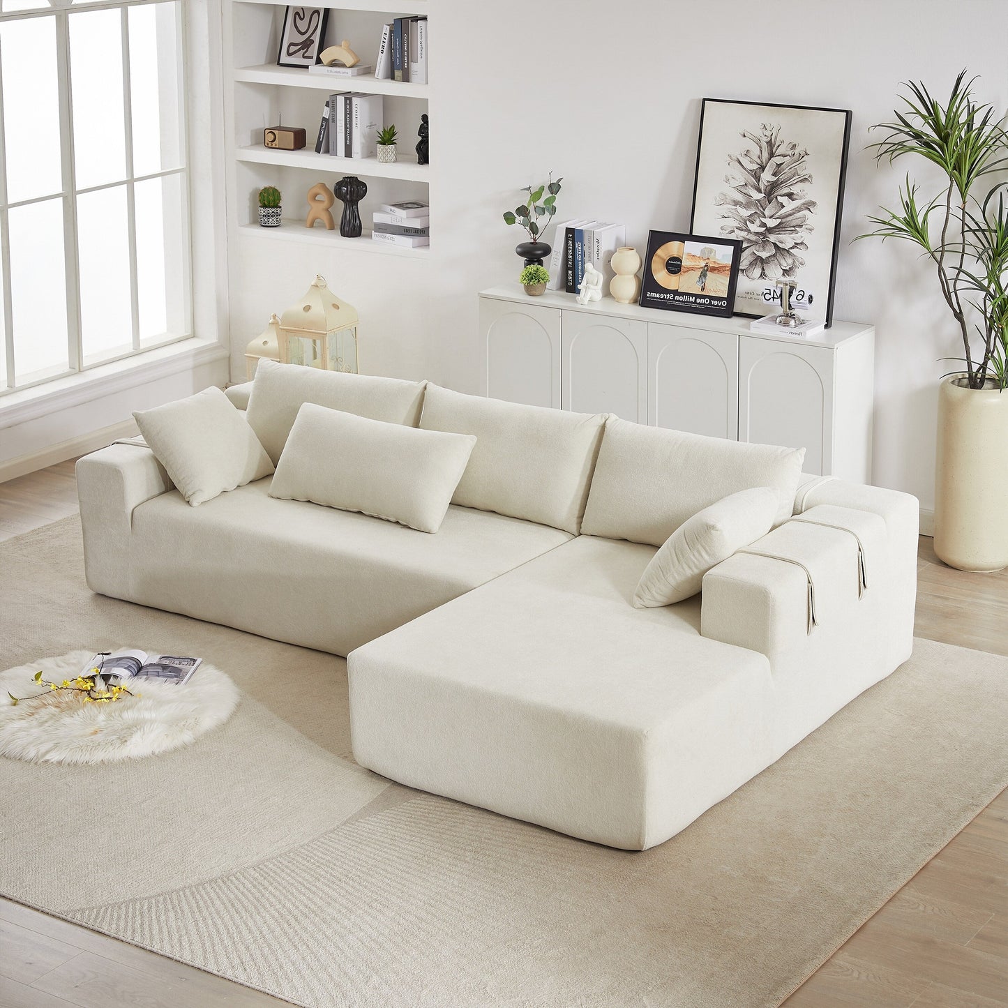 Corduroy Fabric 3-Seater Cloud Couch with 2 Movable Footrest,U Shaped Couch Set,Upholstered Deep Seat 2-Seat with 3 cushions