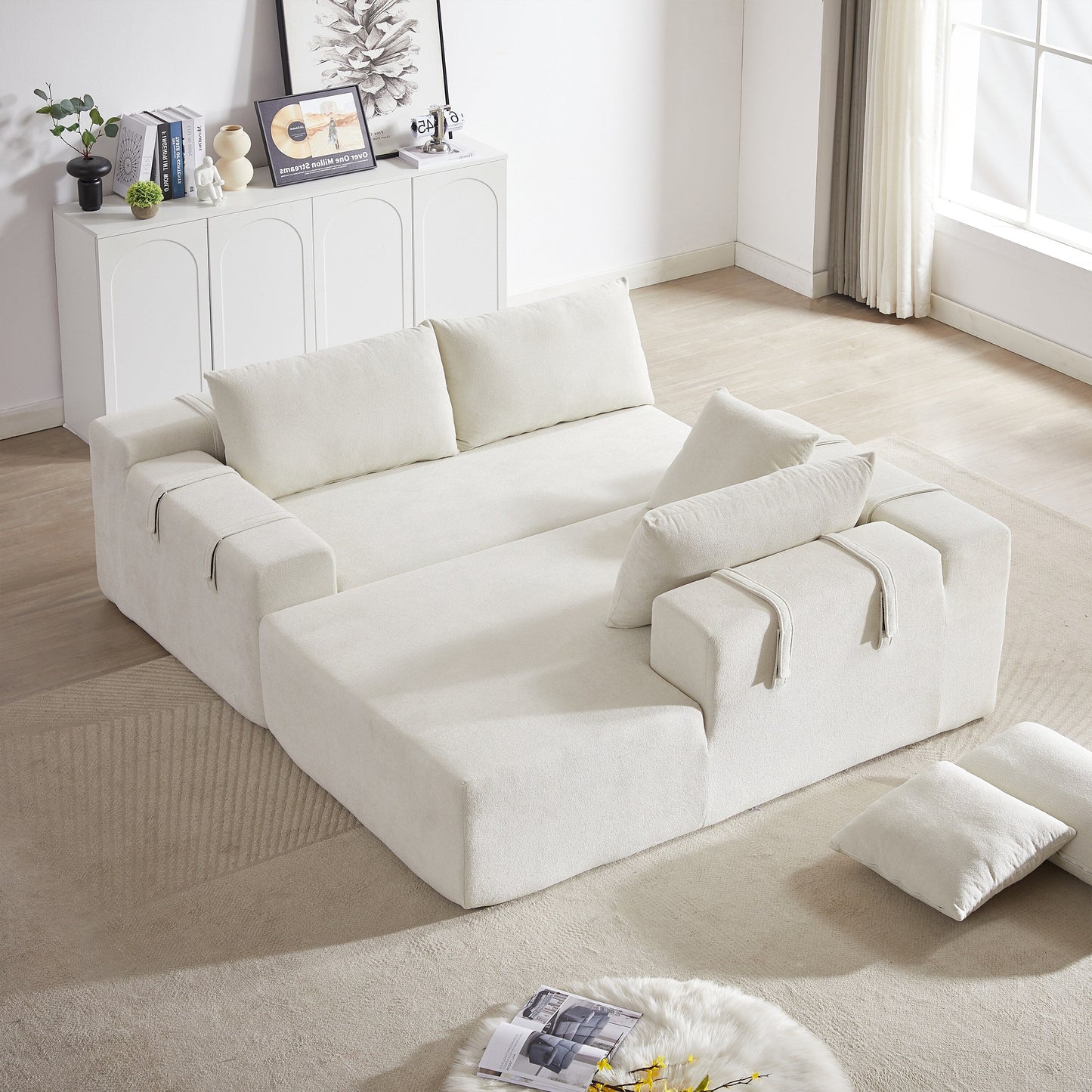 Corduroy Fabric 3-Seater Cloud Couch with 2 Movable Footrest,U Shaped Couch Set,Upholstered Deep Seat 2-Seat with 3 cushions