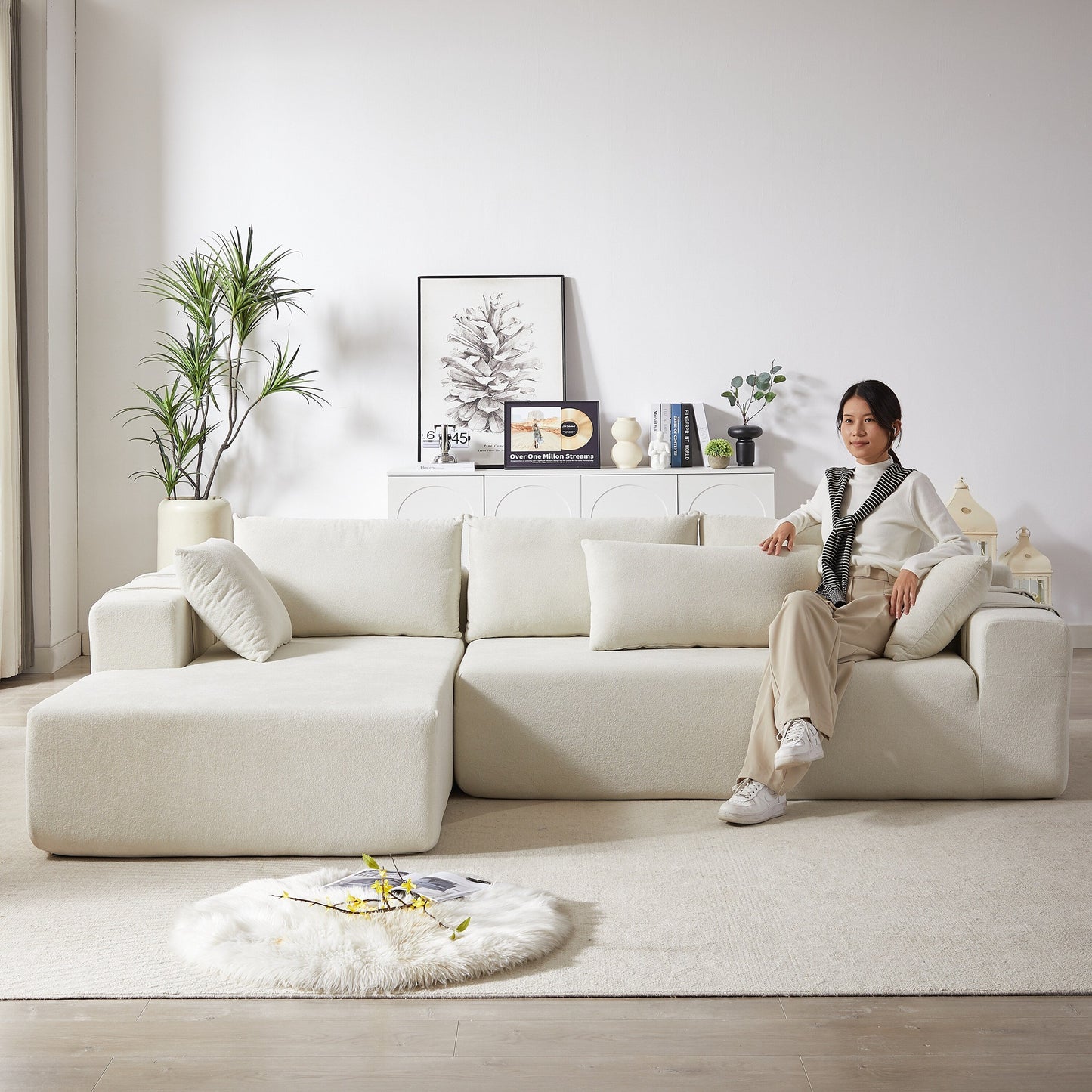 Corduroy Fabric 3-Seater Cloud Couch with 2 Movable Footrest,U Shaped Couch Set,Upholstered Deep Seat 2-Seat with 3 cushions
