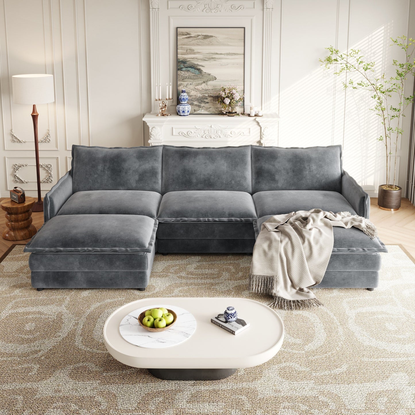 Corduroy Fabric 3-Seater Cloud Couch with 2 Movable Footrest,U Shaped Couch Set,Upholstered Deep Seat 2-Seat with 3 cushions
