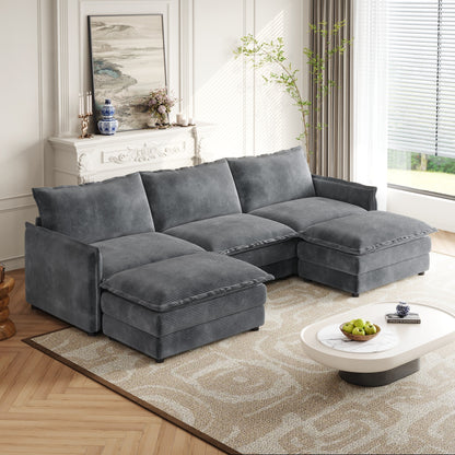 Corduroy Fabric 3-Seater Cloud Couch with 2 Movable Footrest,U Shaped Couch Set,Upholstered Deep Seat 2-Seat with 3 cushions