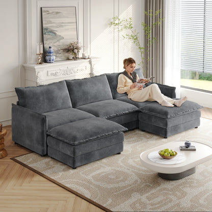 Corduroy Fabric 3-Seater Cloud Couch with 2 Movable Footrest,U Shaped Couch Set,Upholstered Deep Seat 2-Seat with 3 cushions