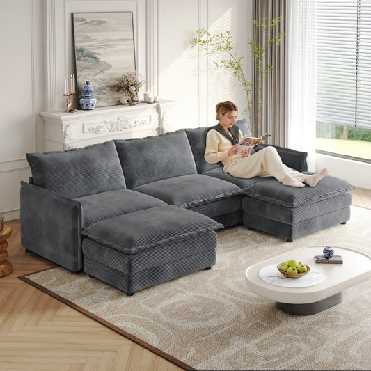 Corduroy Fabric 3-Seater Cloud Couch with 2 Movable Footrest,U Shaped Couch Set,Upholstered Deep Seat 2-Seat with 3 cushions