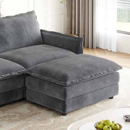 Corduroy Fabric 3-Seater Cloud Couch with 2 Movable Footrest,U Shaped Couch Set,Upholstered Deep Seat 2-Seat with 3 cushions
