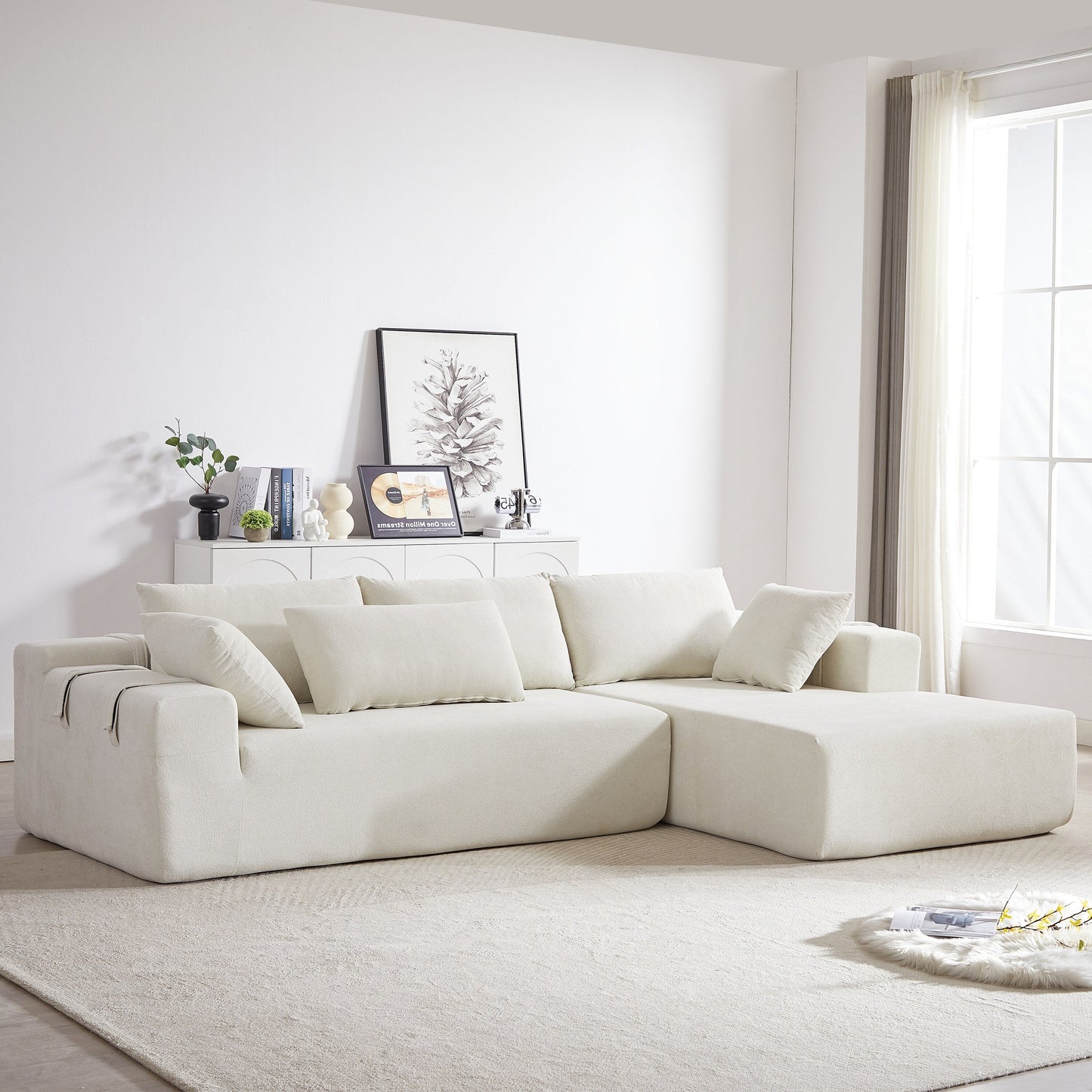 Corduroy Fabric 3-Seater Cloud Couch with 2 Movable Footrest,U Shaped Couch Set,Upholstered Deep Seat 2-Seat with 3 cushions