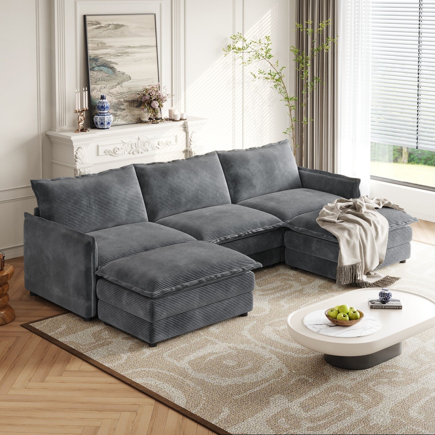 Corduroy Fabric 3-Seater Cloud Couch with 2 Movable Footrest,U Shaped Couch Set,Upholstered Deep Seat 2-Seat with 3 cushions