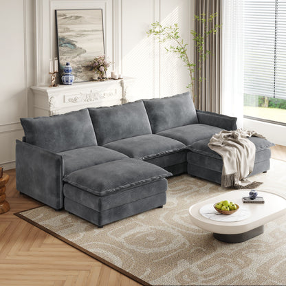 Corduroy Fabric 3-Seater Cloud Couch with 2 Movable Footrest,U Shaped Couch Set,Upholstered Deep Seat 2-Seat with 3 cushions